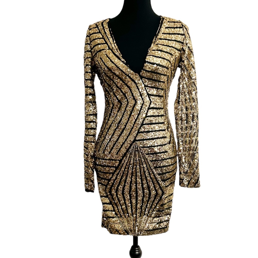 Fashion Nova Black & Gold Sequin Bodycon Long Sleeve Dress